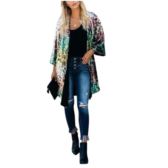 Sequin Cardigan Jacket Open Front Kimono Pastel Glittery Maxi 3XL Runs Small - Picture 1 of 5